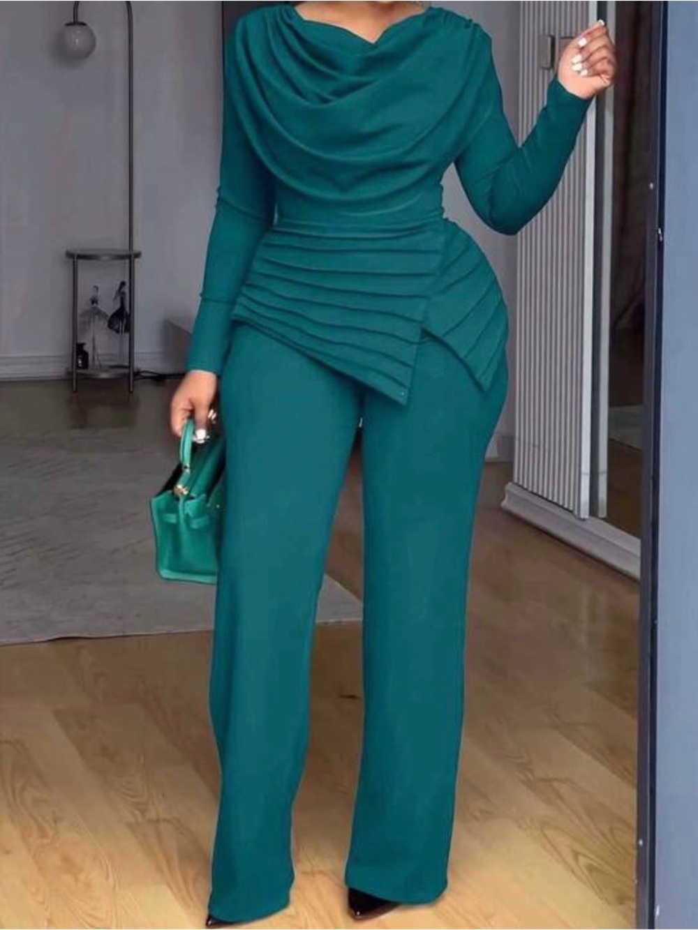 Women's Teal Pleated Waist Jumpsuit